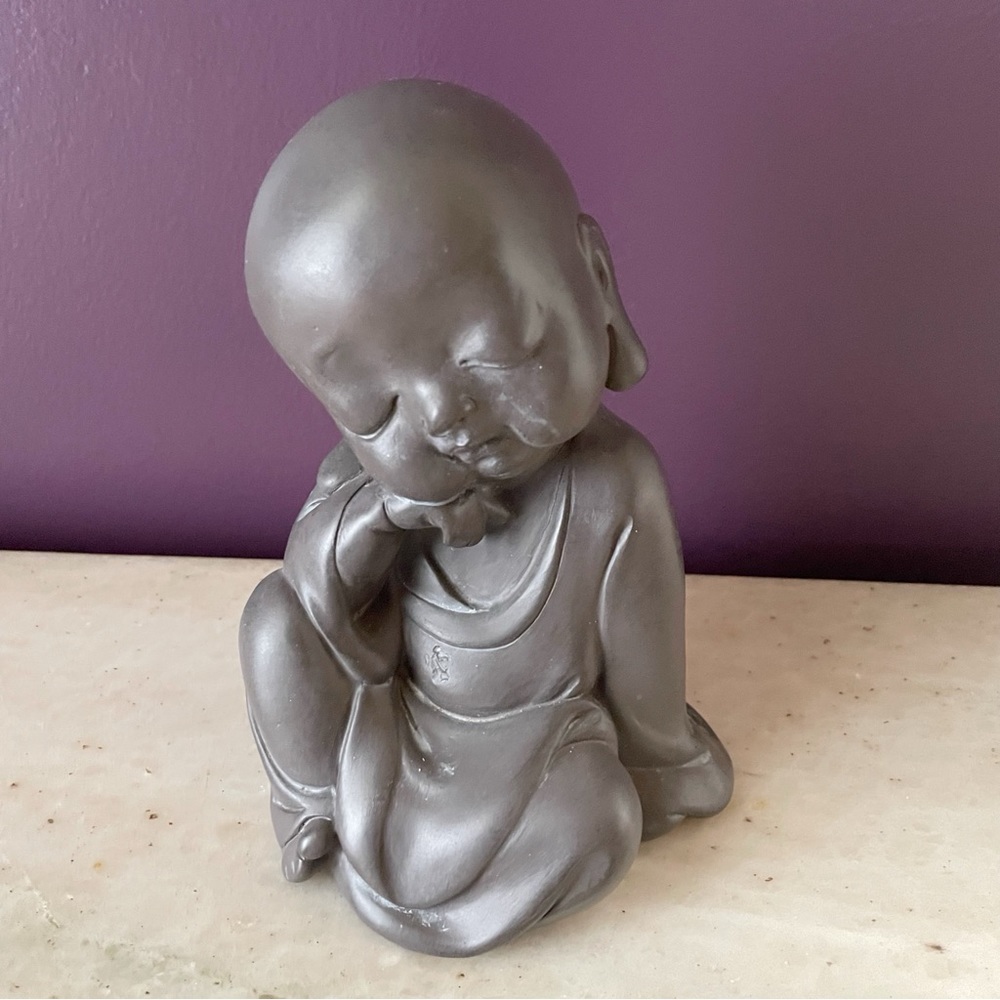 Tired Little Buddah Statue Stone Finish Resin 7”